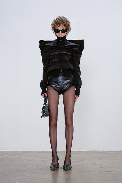 ANNAKIKI black 3D three-dimensional sleeve multi-pleated cropped jacket-JUPITER