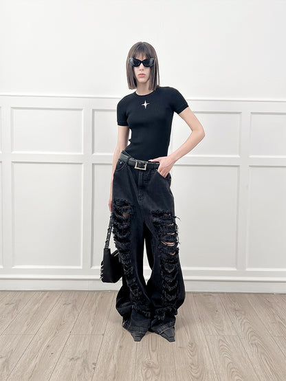 ANNAKIKI  Designer Women's Niche Black Ripped Distressed Jeans Wide-leg Pants-SPIKE