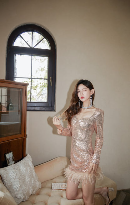 DOLLY Elegant Red Square Collar Long Sleeve Slim Fit Short Sequin Cocktail Dress-QUEEEN