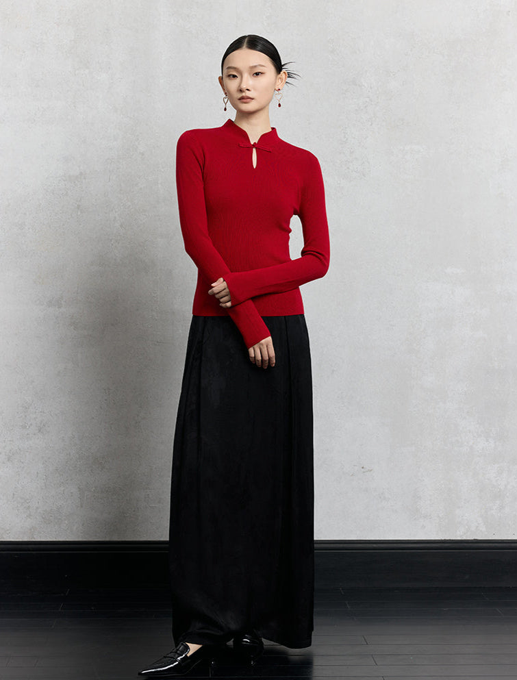 HECO Plain Worsted Wool Cheongsam Collar Buckle Knitwear - close.