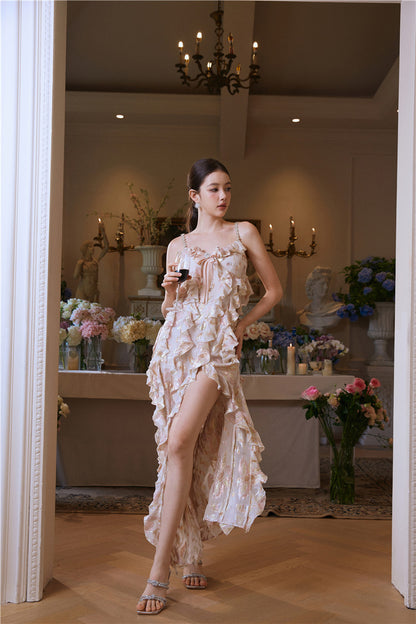 Wardrobes by Chen Luxury Ruffled Bow silk Resort Dress-Ania