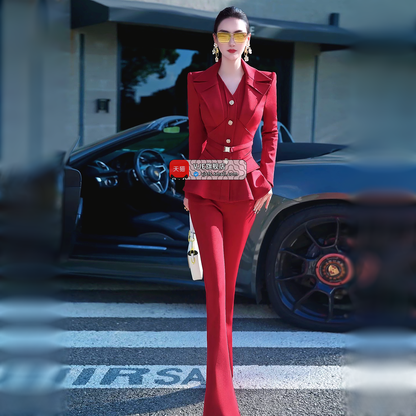 VJE Jacket High-Waisted Flared Pants Two-Piece Set - DAMO.