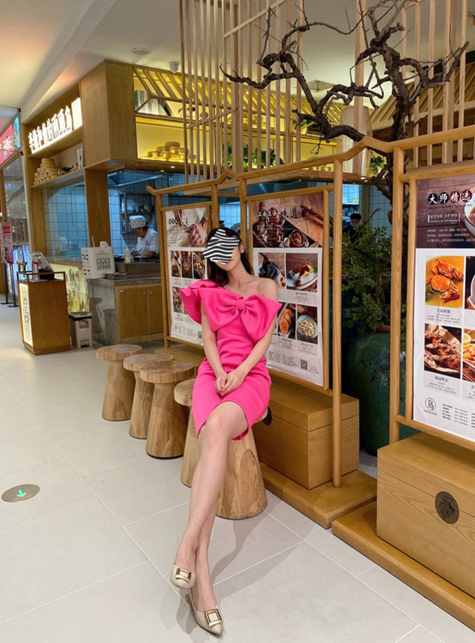 DOLLY Elegant French Style Pink Off Shoulder Big Bow Short Dinner Dress-JOMA