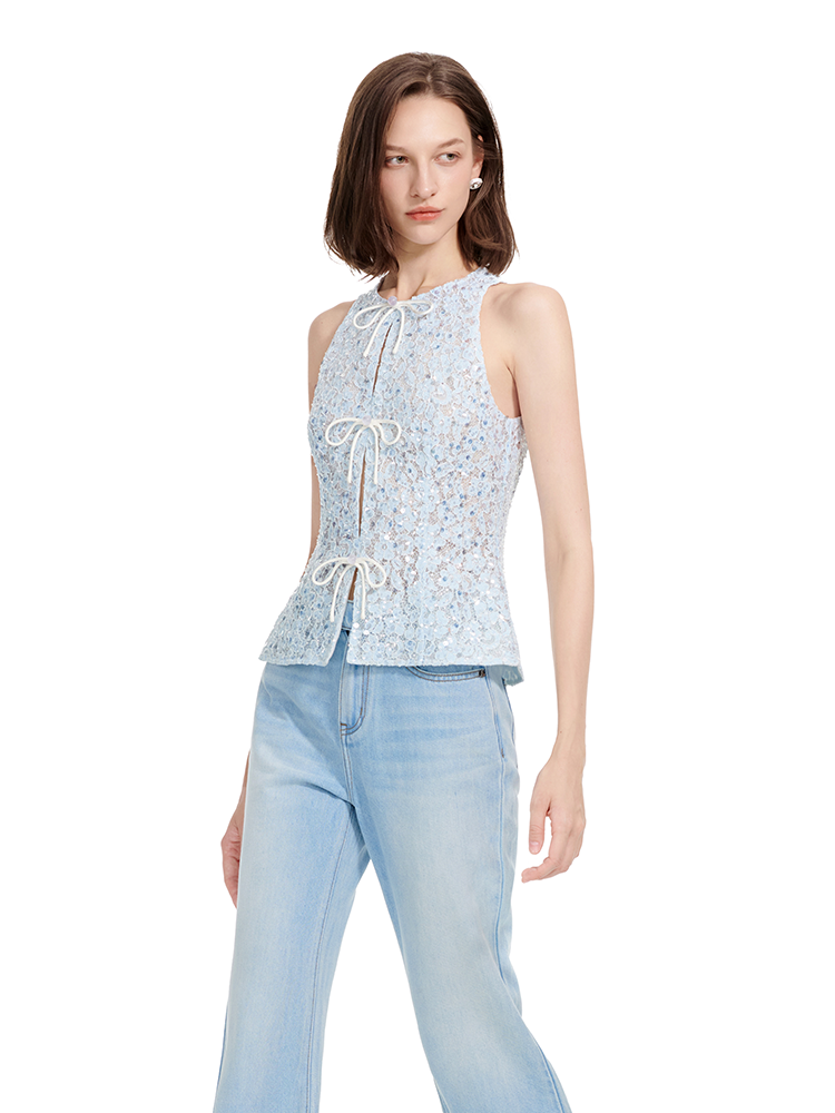 YES BY YESIR | Ye Qians Bright Blue Halterneck Lace Shirt Top -AZALEIA.