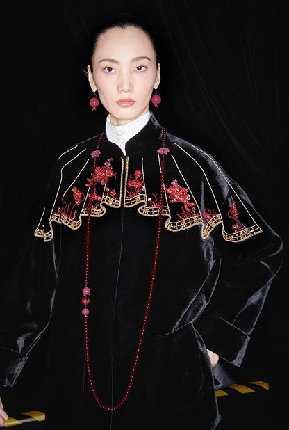 M essential Mackay designer silk velvet two-dimensional fish algae curtain bead jacket - BIDING.