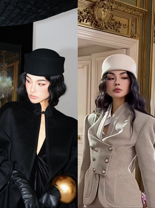 MEI SANGUAN 100% Wool Beige & Black Pillbox Hat - NOAH