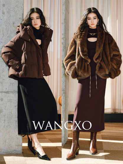 WANGXO | Delicate 12-Needle Wool Pit Texture U-Neck Side Pleated Dress- RINA.