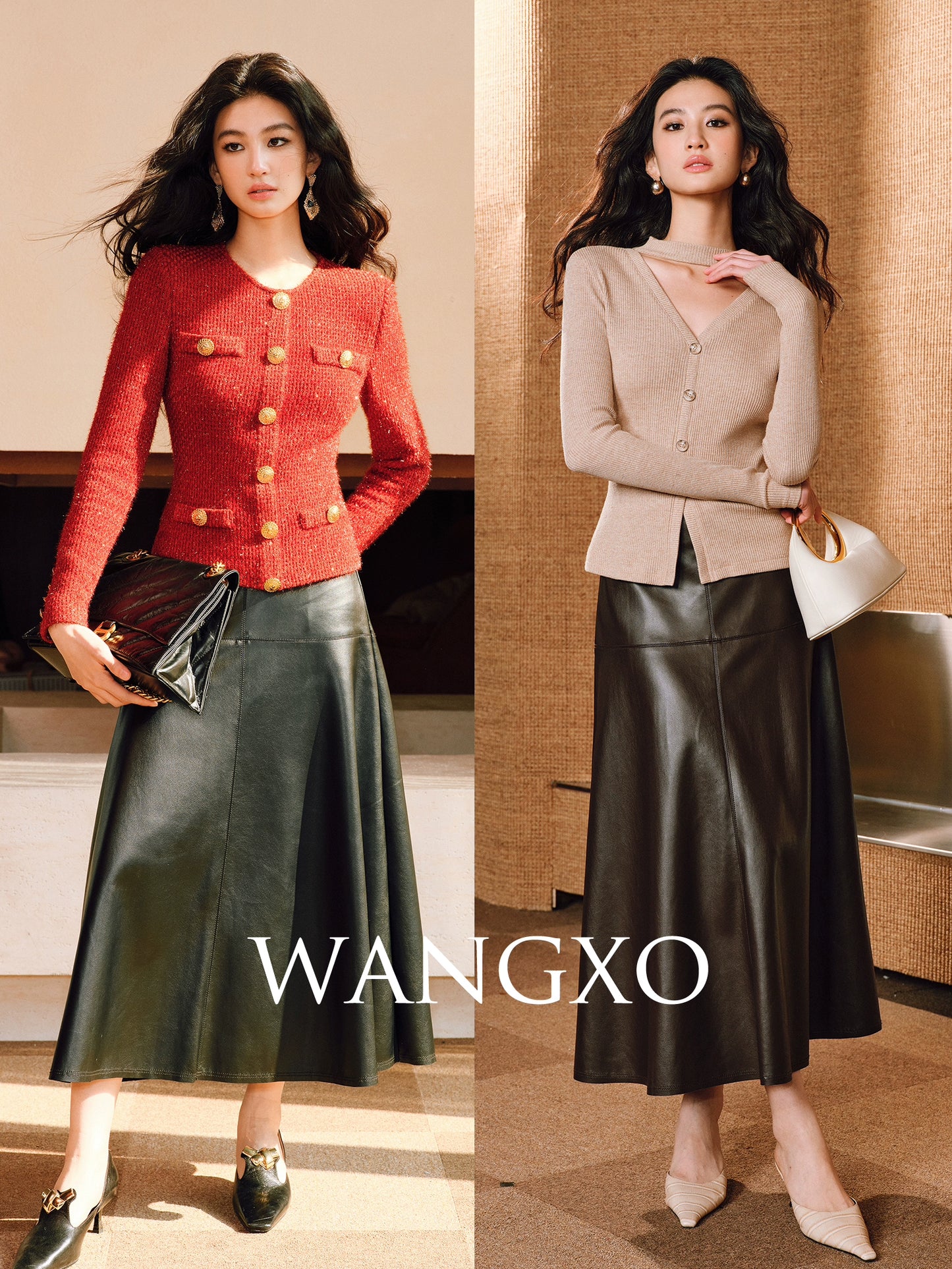 WANGXO | Luxurious Glossy Protein Leather Sheepskin A-Swing Skirt-ZARA.