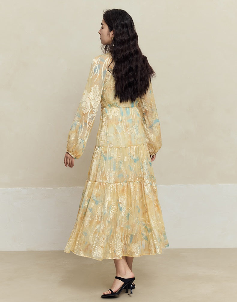 HECO silk peony burnt flower pendulum long-sleeved dress women - healer.