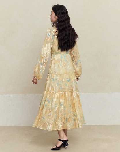 HECO silk peony burnt flower pendulum long-sleeved dress women - healer.