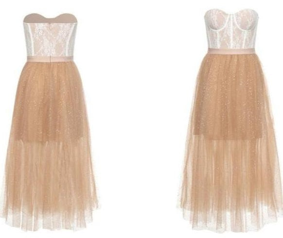 DOLLY Elegant Fake Two Piece Sleeveless Tube Top Sequin Long Dress-POLA