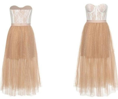 DOLLY Elegant Fake Two Piece Sleeveless Tube Top Sequin Long Dress-POLA