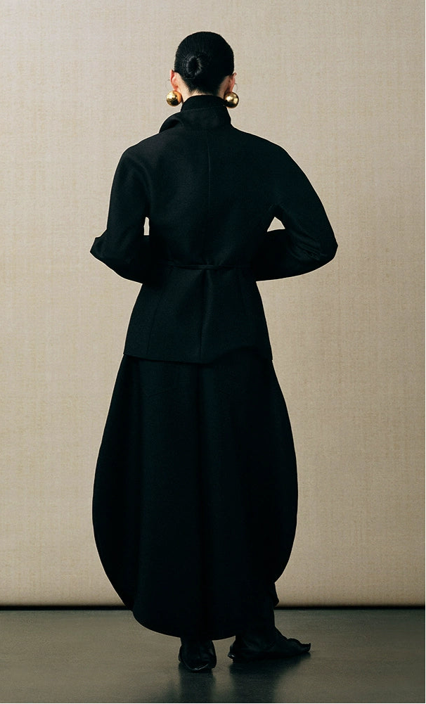 ZHUCHONGYUN curved stand-up collar slanted placket trench coat jacket-RUMI.