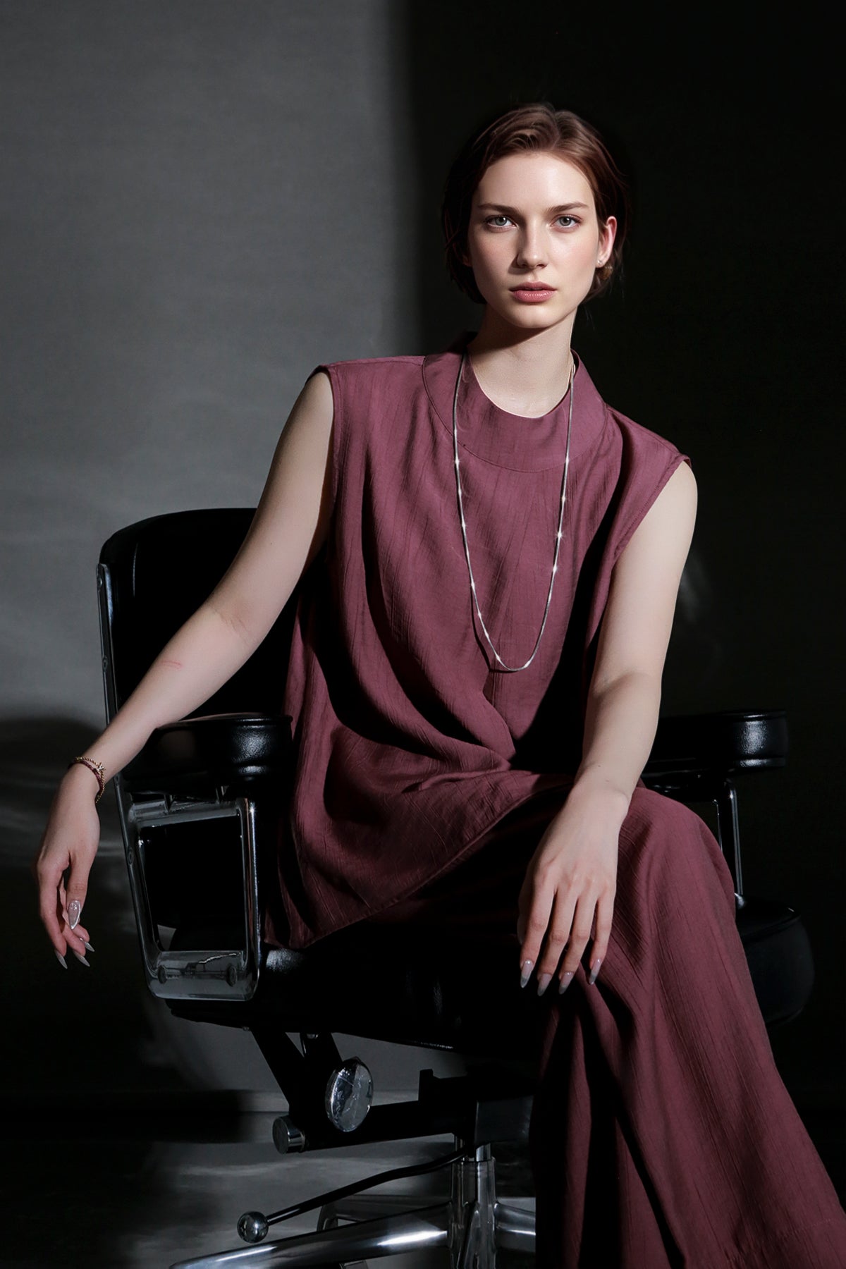 PIAOIN texture linen silk stand up collar sleeveless t-shirt - MADEI