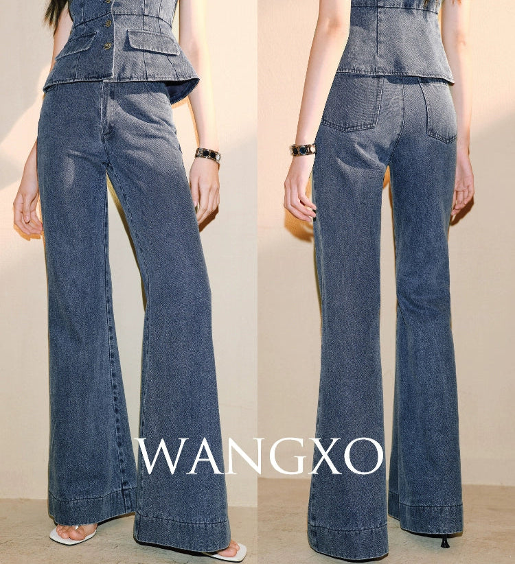 WANGXO Denim Suit Waist-Cinched Vest & Retro Flared Pants - VIOLA