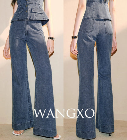 WANGXO Denim Suit Waist-Cinched Vest & Retro Flared Pants - VIOLA