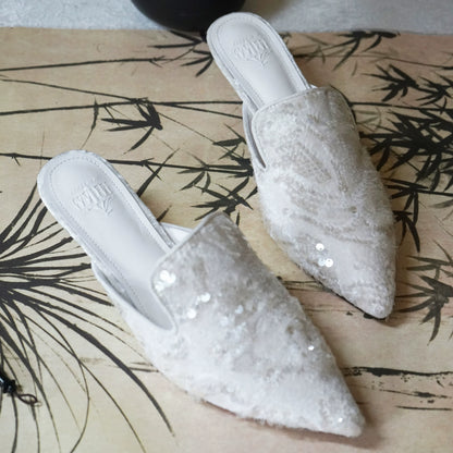 B-FEI Niche Design New Chinese White Kitten Heeled Mule -CHARLY.