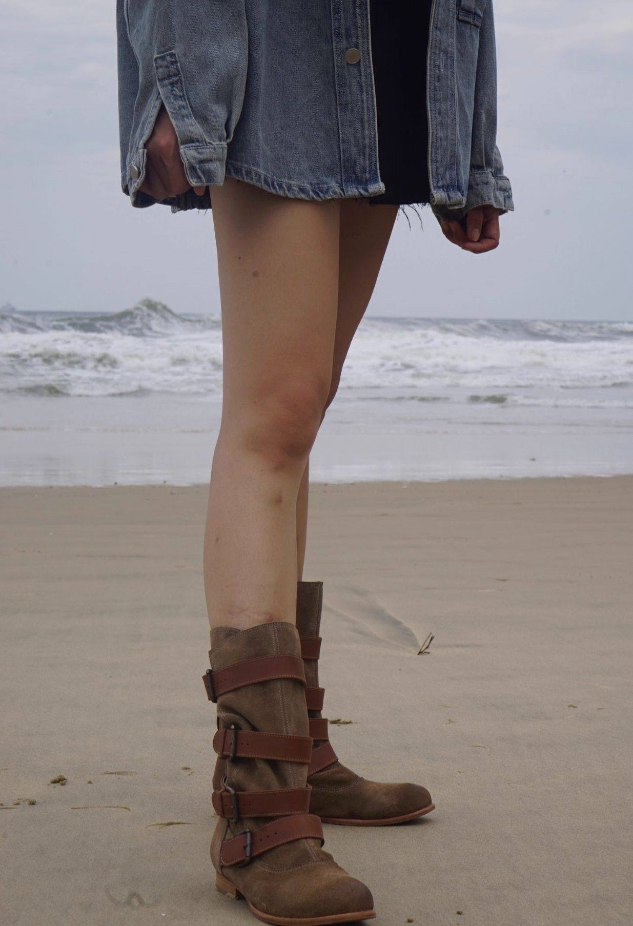 B-FEI Vintage Belt Buckle Denim Stack Boots- OKRE.