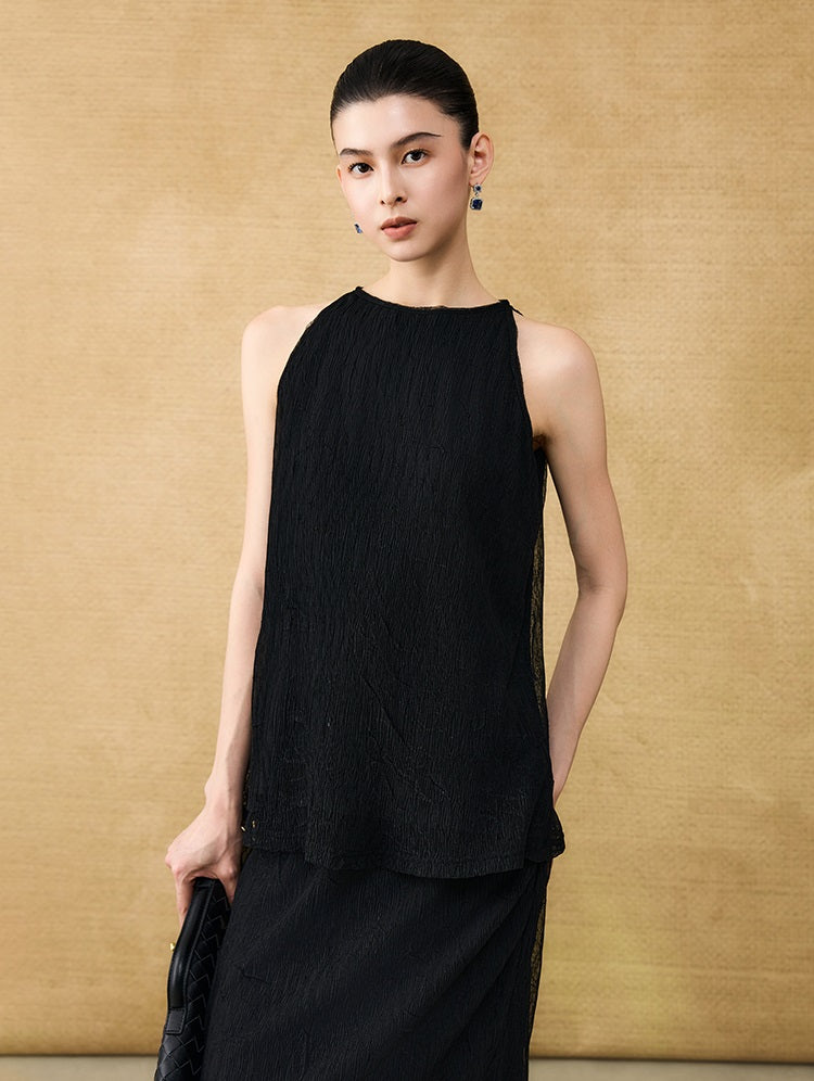 HECO Chinese style wrinkle elastic crew neck vest  age-reducing top - CAST.