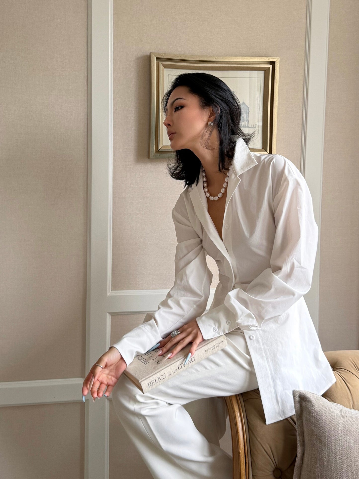 MEI SANGUAN White Slim Shirt & Bootcut Slacks Suit - AISHA