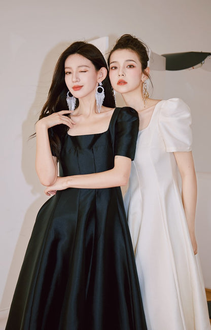 DOLLY Elegant Retro Square Neck Short Puff Sleeve Satin Long A-Line Dress-BAMBI