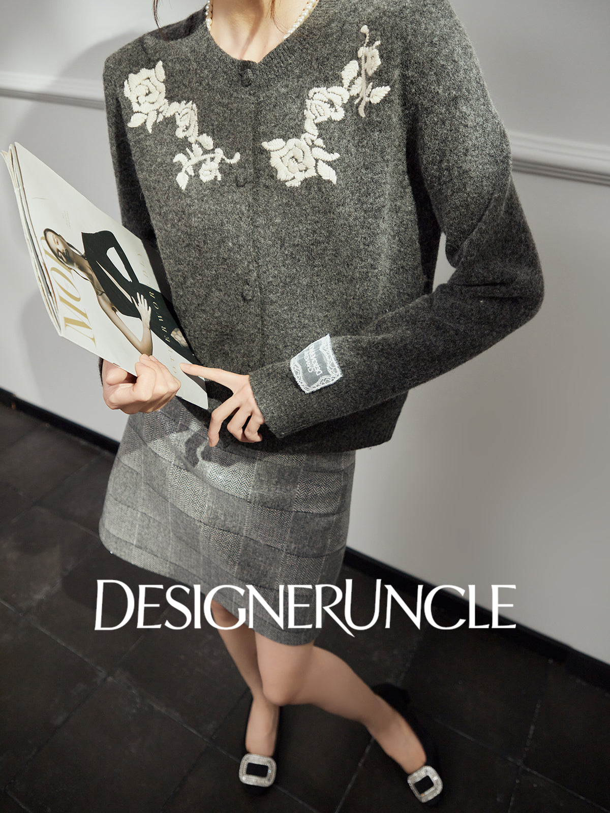 DGU "Flower Rhyme" gray sweater autumn retro loose slimming knitted top - Brianna.