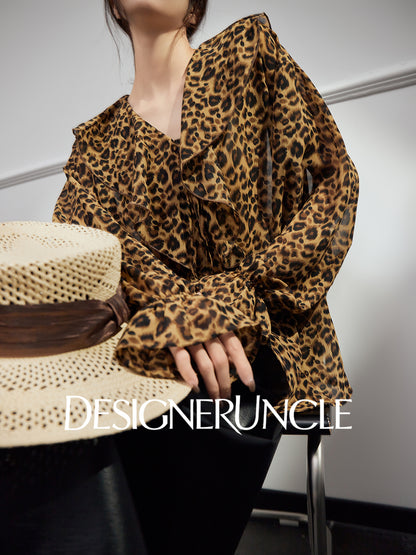 DGU |Leopard print light luxury niche loose retro V-neck design long-sleeved top - GLORY.