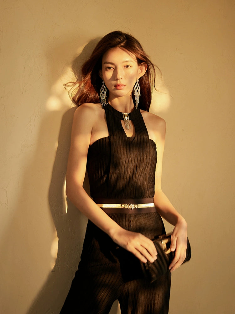 DOLLY High End Black Halter Neck Wrinkle Wide Flared Leg Pant Jumpsuit-LARA