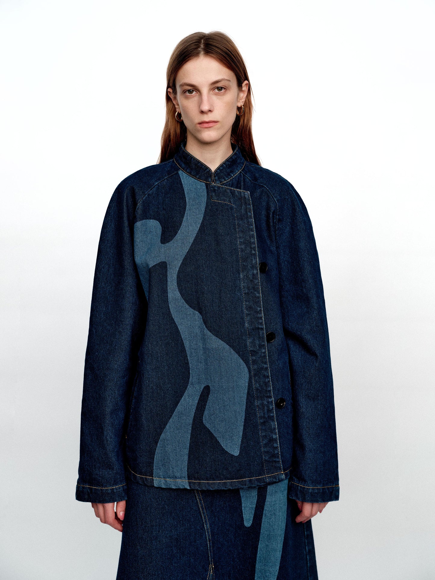 SERRER Abstract body print asymmetrical denim jacket - DAVID.