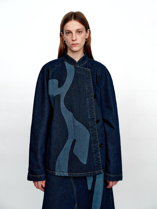 SERRER Abstract body print asymmetrical denim jacket - DAVID.