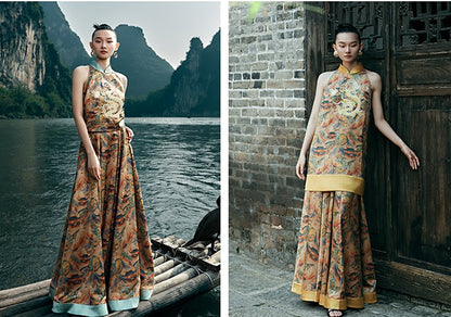 HECO Chinese Contrast Mural Big Swing Fishtail Skirt - MIGRO.