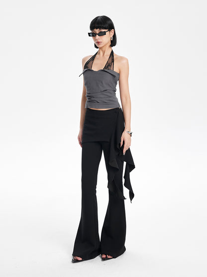 TINY IN  irregular sexy lace spliced gray halter neck top-FLORA