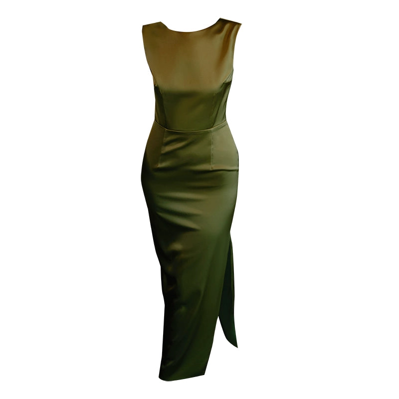 GOUDIN high-end light luxury mustard green evening dress -ZIA.