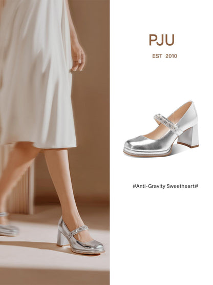 PJJUU beautiful silver mary jane thick heel - POWER.