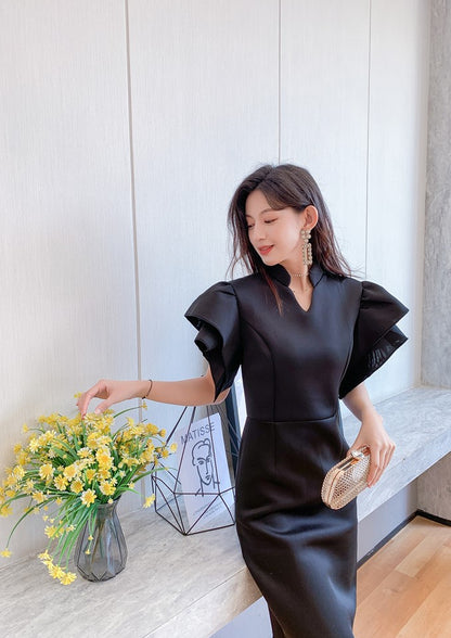 DOLLY Elegant French Style Black Stand Collar Short Sleeve Office Dress-MAMA