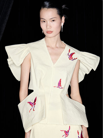 M essential Mackay designer butterfly-embroidered V-neck top skirt pants set - Amisa