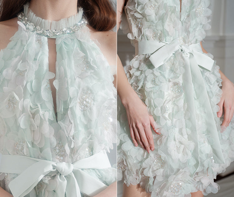 Wardrobes by Chen Luxury Pastel Green Ribbon Floral wedding guest bridal Dress-Onna