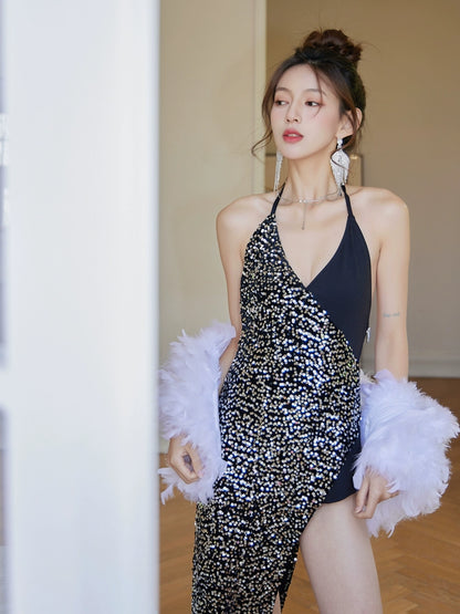 DOLLY Luxury Black Sleeveless Sequin Halter Neck Irregular Hem Sexy Cocktail Dress-ANASTASIA