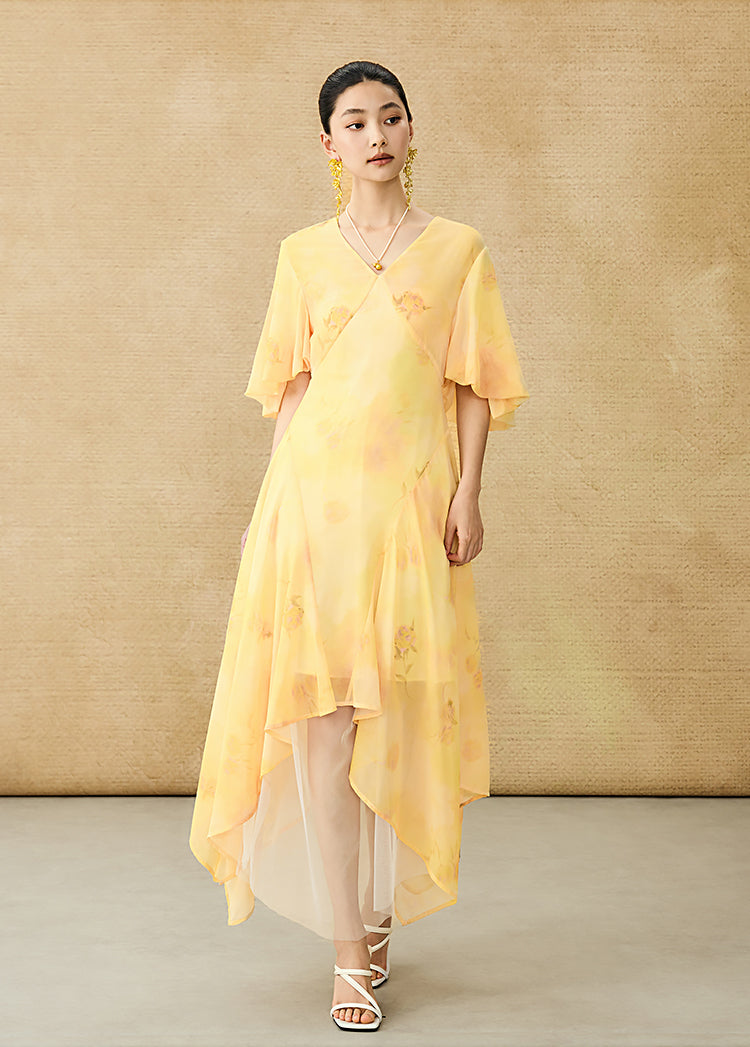 HECO Chinese Floral V-neck Asymmetric Hem Long Dress - DOMINION.