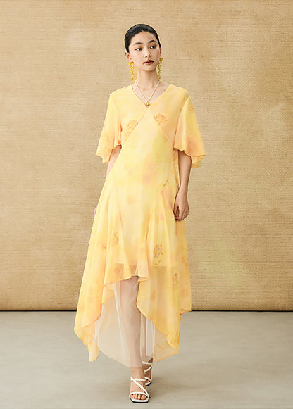 HECO Chinese Floral V-neck Asymmetric Hem Long Dress - DOMINION.