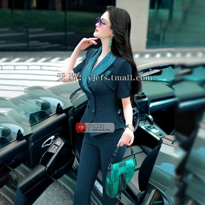 VJE  Double-Breasted Jacket Flared Pants Two-Piece Set - UNIC.