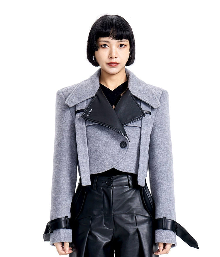 TINY IN leather stitched cropped women's wool jacket -DEKU