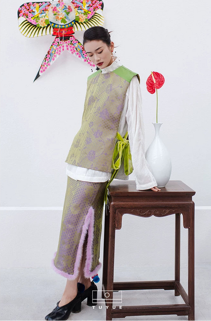 TUYUE Silk Velvet × Satin Weave Silhouette Lace-up Vest- MICHEAL