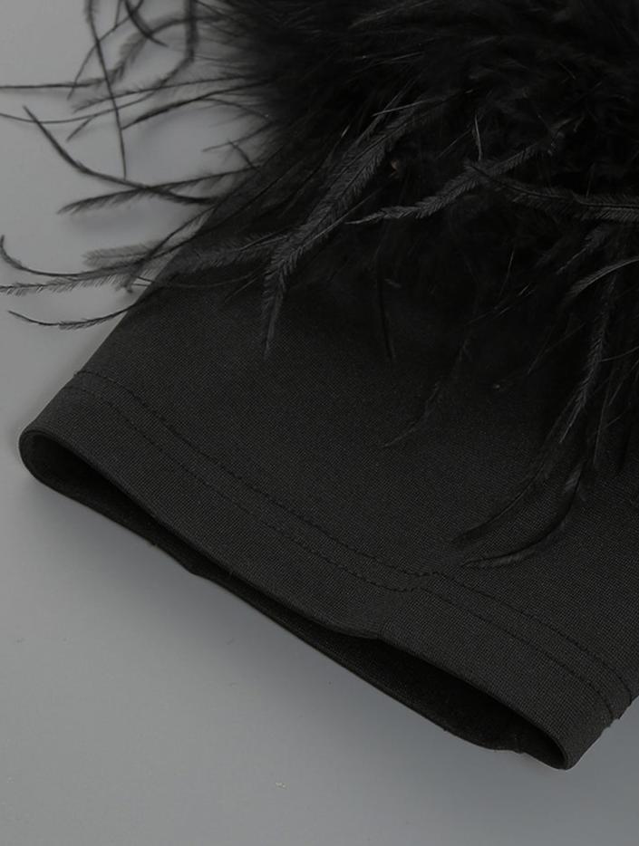 DOLLY Luxury Black Feather Tube Top Waist Baring Slim Fit Long Cocktail Dress-JAJA