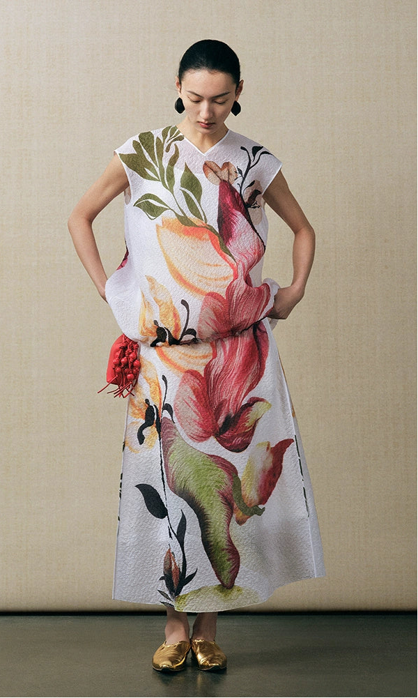 ZHUCHONGYUN Chinese mulberry silk V-neck sleeveless printed top and A-line skirt-BRAUS.