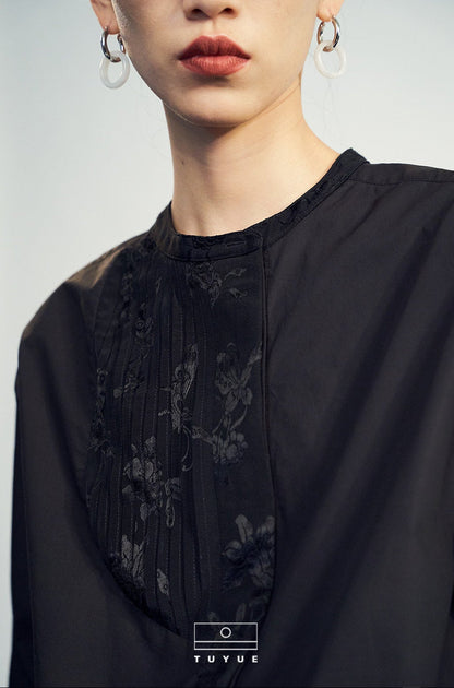 TUYUE Black Weave Organ Pleated Long Sleeve Shirt - ADELE.