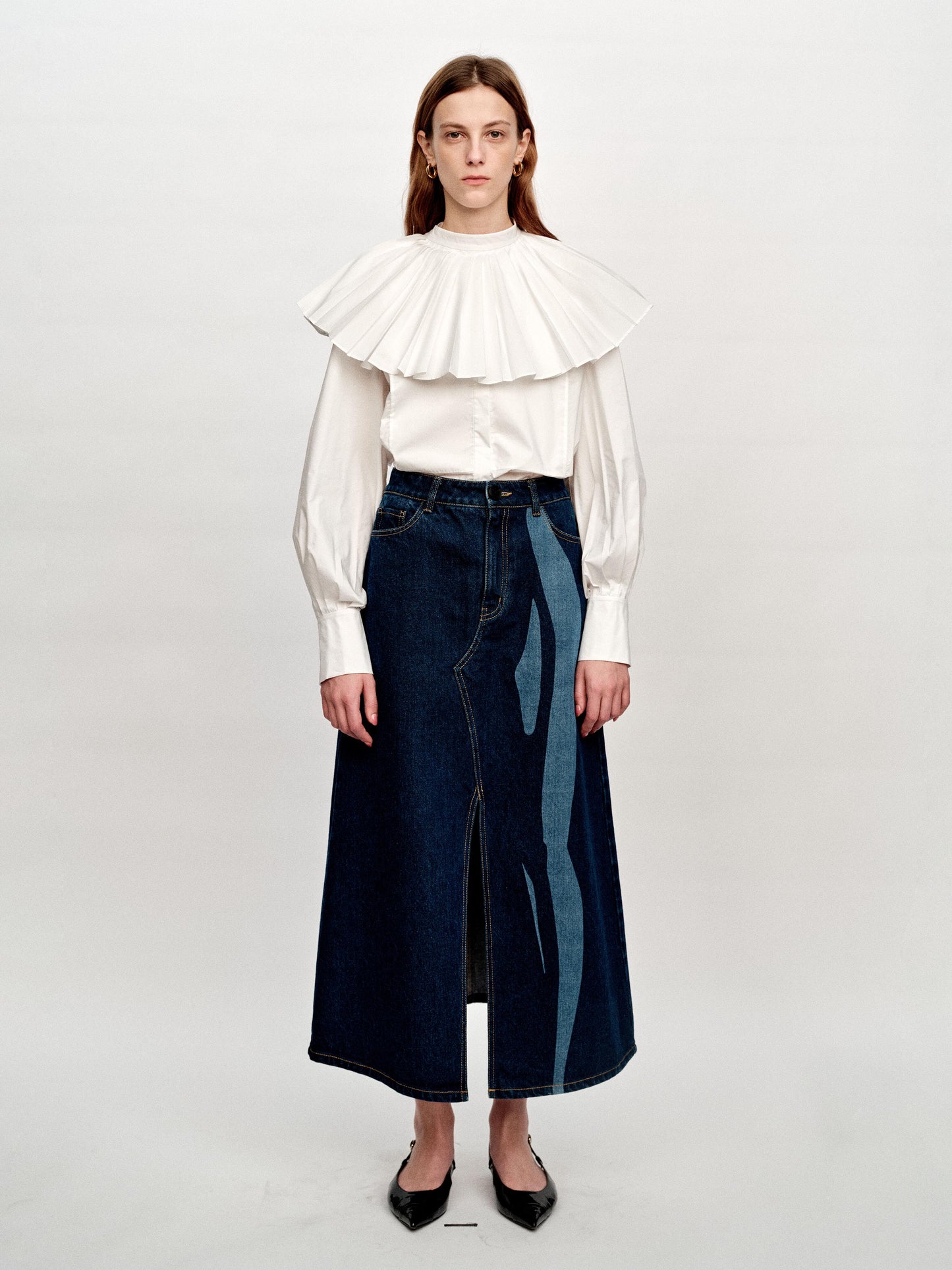 SERRER Abstract body print denim slit long skirt - LOLA.