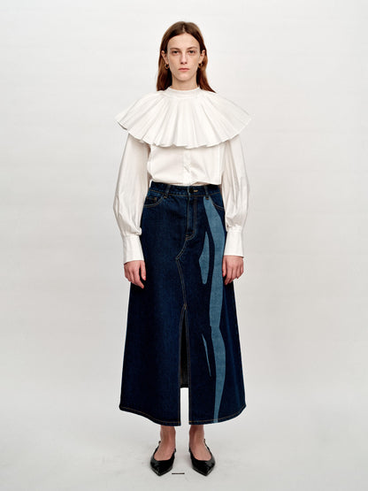 SERRER Abstract body print denim slit long skirt - LOLA.