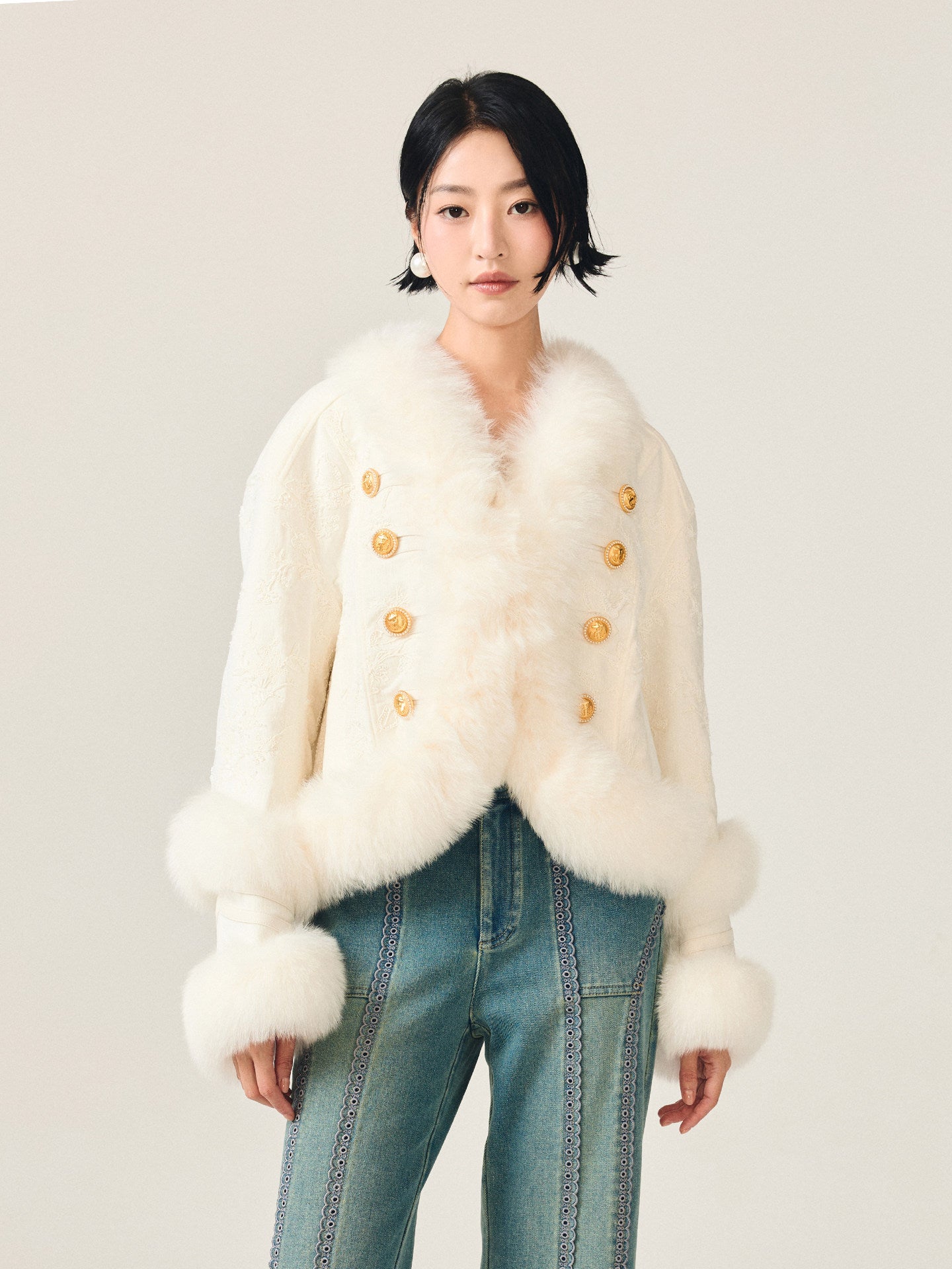 FAME embroidered fox fur cropped jacket - FELIX