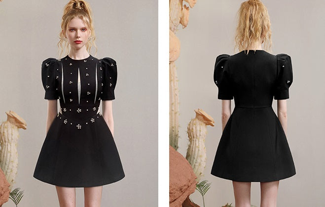 CHECOCRE summer new commuter open waist puff sleeve heavy industry beaded dress - TUOR
